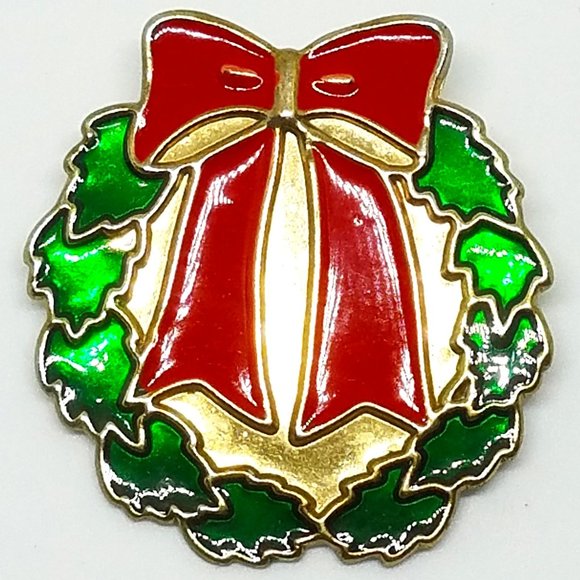 Vintage Red and Green Enamel on Gold Tone Christmas Holiday Wreath Pin Brooch - Picture 1 of 5
